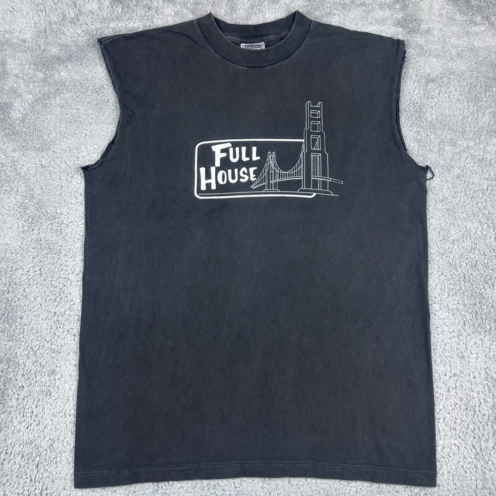 Oneita Full House Muscle Tee Mens XL Black Vintage 90s Cutoff Graphic Shirt USA